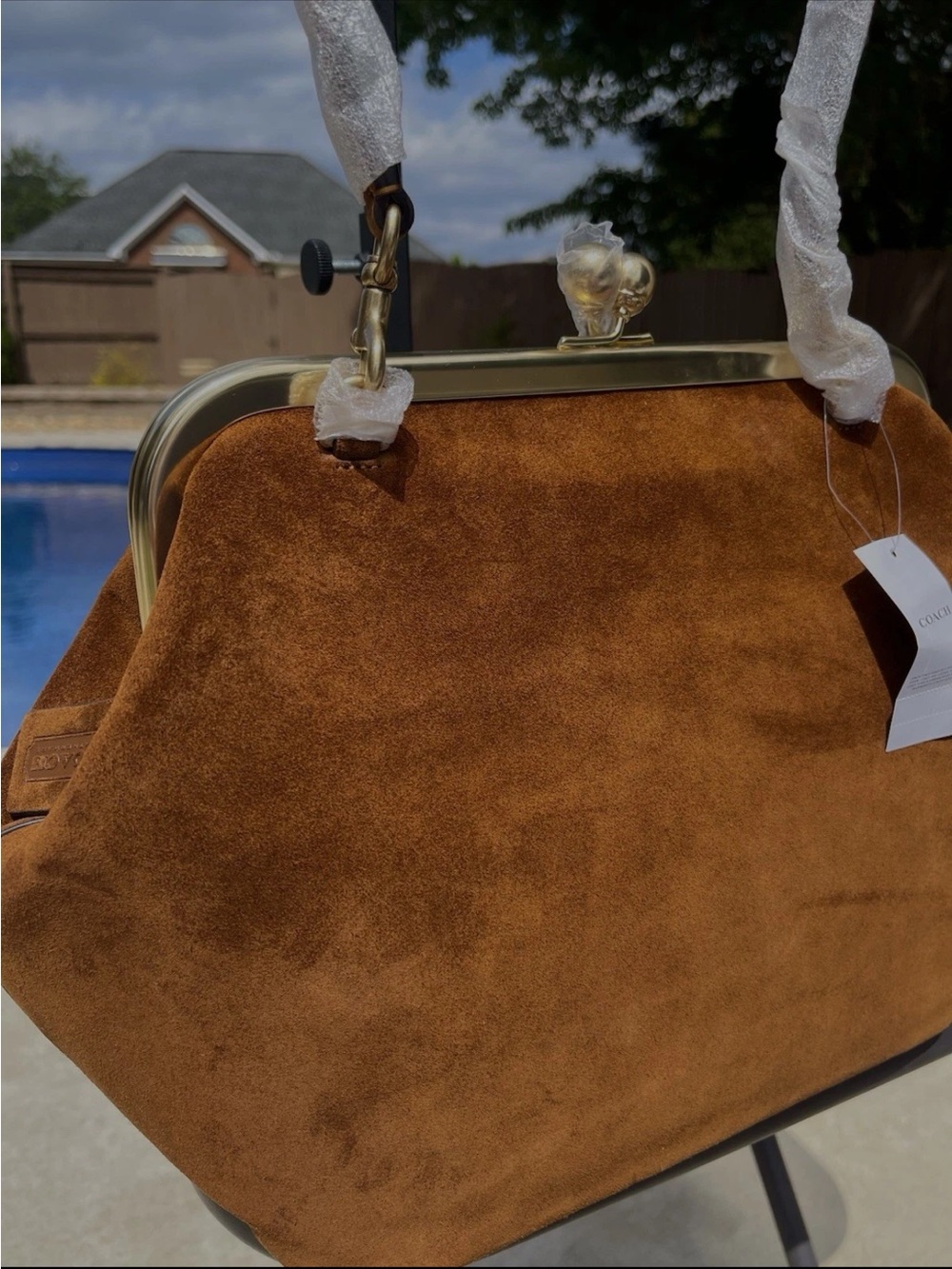 Coach Suede Kisslock Frame 27 Bag NWT Medium Sz lovely color Warm Brown gift box - Picture 5 of 16